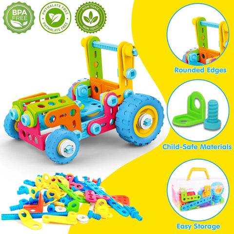 Colorful model car built from Six In One Stem Building Toys For Kids Aged Four To Eight With 118 Colorful Pieces And Easy To Follow Instructions