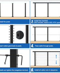 Installation steps for Swageless Deck Cable Railing Kit With Four Black Thirty Six Inch Level Drilled Posts With Two Hundred Fifty Feet Of One Eighth Inch T316 Stainless Wire Rope Invisible Cable Railing System For Outdoor Decks And Porches No Handrail Post Kit LPS02.