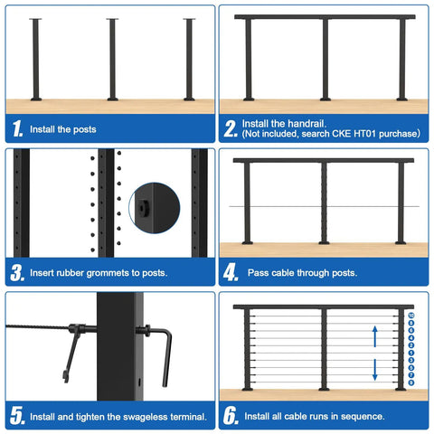 Installation steps for Swageless Deck Cable Railing Kit With Four Black Thirty Six Inch Level Drilled Posts With Two Hundred Fifty Feet Of One Eighth Inch T316 Stainless Wire Rope Invisible Cable Railing System For Outdoor Decks And Porches No Handrail Post Kit LPS02.