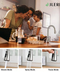 Family enjoying kitchen time next to Premium Stainless Steel Pull Down Kitchen Faucet With Three Mode Spray Head Stream Spray Pause Modes.