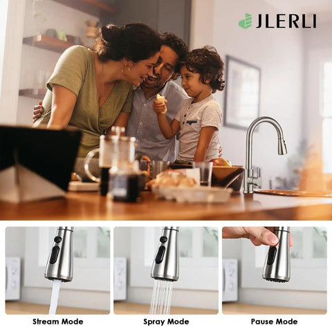 Family enjoying kitchen time next to Premium Stainless Steel Pull Down Kitchen Faucet With Three Mode Spray Head Stream Spray Pause Modes.