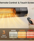 Electric Patio Heater With Remote Control 1500W Outdoor Infrared Wall Mounted showing 3 power settings and remote
