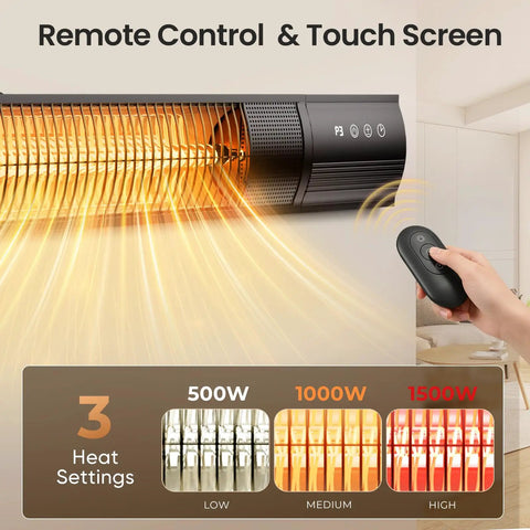 Electric Patio Heater With Remote Control 1500W Outdoor Infrared Wall Mounted showing 3 power settings and remote
