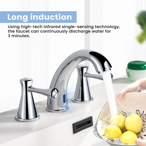 Touchless Bathroom Faucet For Three Hole Mount With Three Handles, temperature control, chrome finish, lemons in sink