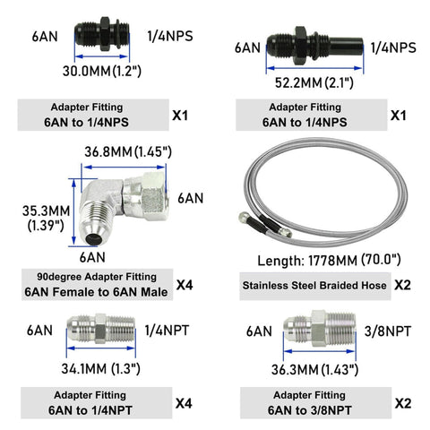 Beefed Up 70 Inch 6AN Stainless Braided Transmission Cooler Hose Lines fittings and adapters for GM Ford trans
