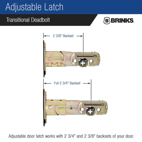 Adjustable latch for Matte Black Transitional Single Cylinder Deadbolt Lock For Home Security ANSI Grade 2 1 Inch Bolt Anti Saw Pin Anti Pry Shield Easy Installation Fits Standard Doors Between One And Three Quarters Inch Thick, showing 2-3/8 and 2-3/4 inch backset options.