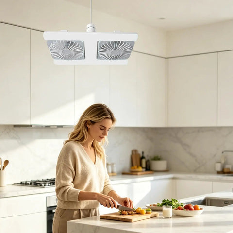 Socket Ceiling Fan, E27 Screw Base with Remote, Small Ceiling Fan with Light above a woman cooking in a modern kitchen.
