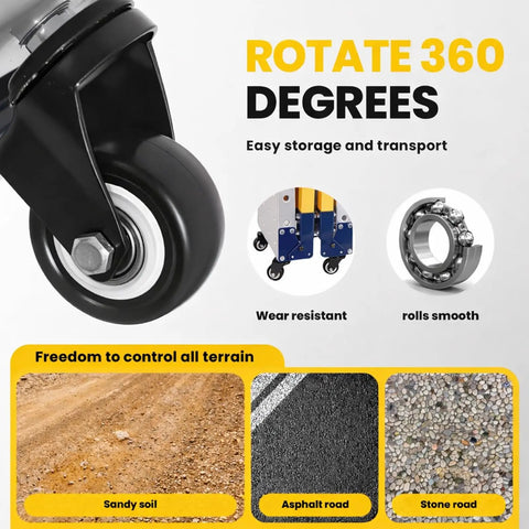 Rugged Alloy Steel Folding Welding Table With Four Thousand Pounds Capacity Smooth Rolling Three Sixty Degree Casters close-up of caster wheel.