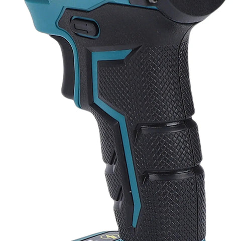 Close-up of the handle of Badass Cordless Drill with Brushless Motor 55Nm Torque, featuring textured grip and control button.