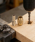 Ultimate 11 Pc Replacement Drill Chuck Collet Set With Copper Nuts Mini Bits showing brass and steel collet nuts on wood.