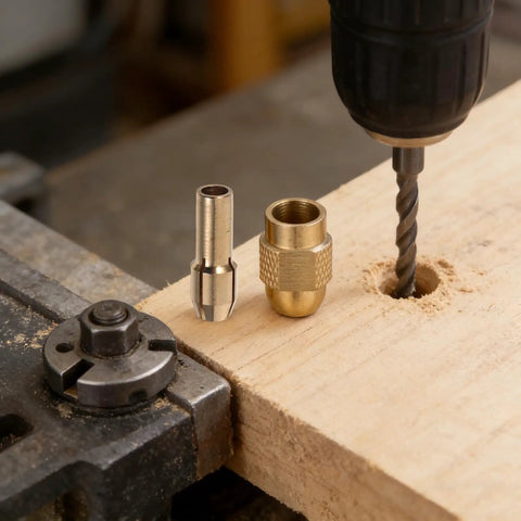 Grab This 11 Pcs Copper Drill Chuck Collet Set For Rotary Tools And Engraving Kits with two copper chucks on wood.