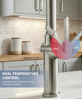 Tohlar Brushed Nickel Kitchen Faucet with Pull Down Sprayer showcasing dual temperature control for quick selection in a modern kitchen.