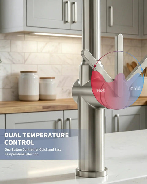 Tohlar Brushed Nickel Kitchen Faucet with Pull Down Sprayer showcasing dual temperature control for quick selection in a modern kitchen.