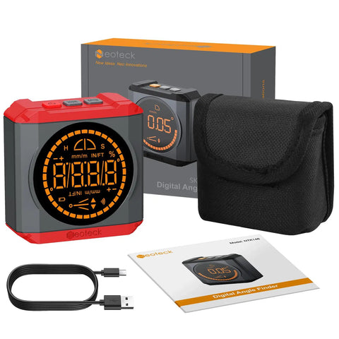 Pro Digital Angle Finder With Led Rechargeable Level Magnetic Base Waterproof Bevel Gauge Inclinometer, compact design with USB charging, cover, and manual.