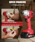Close-up of 20V Brushless Impact Driver Kit With Two-Speed Variable Speed showing 1/4 inch metal chuck mechanism.