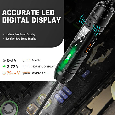 3-72V DC Automotive Test Light Bidirectional Volt Circuit Tester For Car Electrical Troubleshooting, Wider Voltage Range To Check Headlights, Taillights, Fuses, Batteries And Circuits Today. black handheld tester with LED display in fuse box