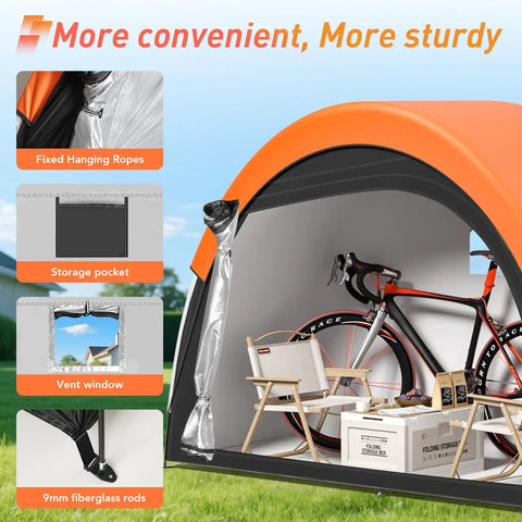 Upgraded Bike Tent With Rain Cover For Outdoor Storage Portable Bike Shed Fits 2 To 3 Bikes showing interior with bike and tools