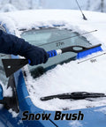Person using Two In One Snow Brush And Ice Scraper For Cars, 27 Inch Detachable Handle With Ergonomic Foam Grip on windshield.