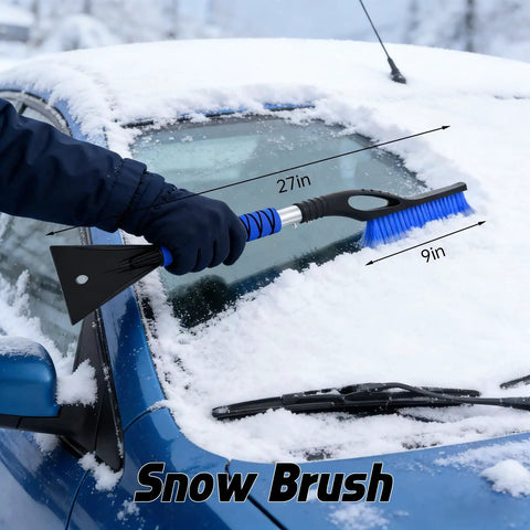 Person using Two In One Snow Brush And Ice Scraper For Cars, 27 Inch Detachable Handle With Ergonomic Foam Grip on windshield.