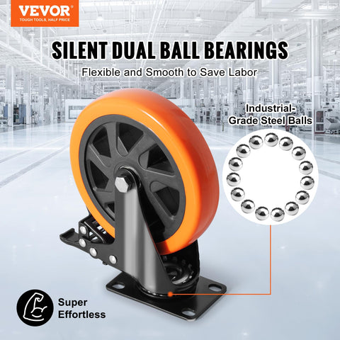 Side view of Six Inch Swivel Plate Caster Wheel with AB Locking, no noise PVC non marking wheel in industrial setting.