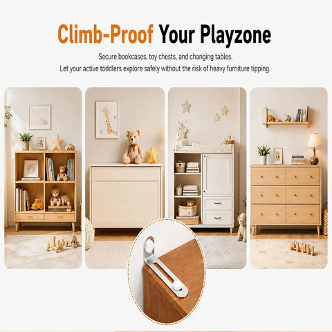 Boss Level 12 Pack Steel Furniture Anchors To Lock Down Anti Tip Wall Brackets For Dressers Cabinets Bookshelves TV Stands With Quick Install And Rock Solid Stability For Safe Living Spaces displayed in a child-safe playroom with furniture.
