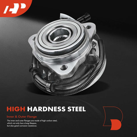 Front Wheel Bearing And Hub Assembly With ABS For 4WD Ford Ranger 2000 2001 2002 And Mazda B3000 2001 2002 B4000 2000 2002 5 Lug Compatible Direct Fit Replacement With High Load Capacity Roller Bearing For Smooth Operation And Long Life, featuring high hardness steel and integrated ABS sensor.