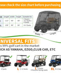 Chart showing size options for Heavy Duty Golf Cart Cover For 2, 4, Or 6 Passengers Universal Fit For EZGO Club Car Yamaha.