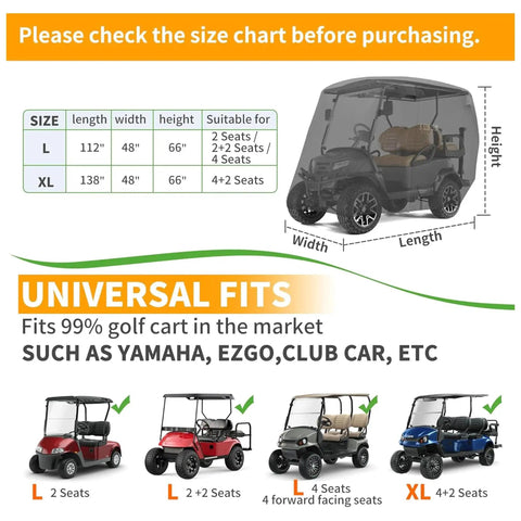 Chart showing size options for Heavy Duty Golf Cart Cover For 2, 4, Or 6 Passengers Universal Fit For EZGO Club Car Yamaha.