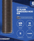 Grade B7 Unfinished All Thread Rod Six Pack Five Eighth Inch By Twelve Inch Heavy Duty Coarse UNC Threads 11 TPI Rugged 125 KSI Steel ASTM A193 Compliance Includes Hex Nuts And Flat Washers, 6 pack