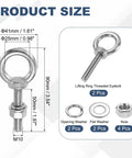 M10 Eye Bolt 50mm Thread Stainless Steel 304 Two Pack With Lock Nuts And Flat Washers product size diagram