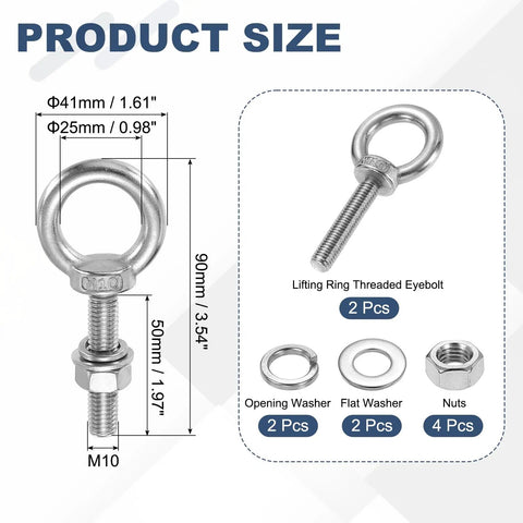 M10 Eye Bolt 50mm Thread Stainless Steel 304 Two Pack With Lock Nuts And Flat Washers product size diagram