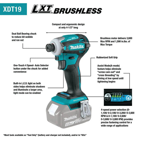 18V LXT Brushless Cordless Hammer Drill And Impact Driver Combo Kit with ergonomically designed soft grip XDT19 model