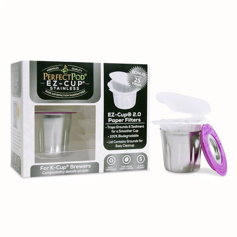 Stainless Steel Reusable K Cup For Keurig 1 Stream Coffee Pod With 25 Paper Filters, Refillable Capsule, packaging and pod shown.