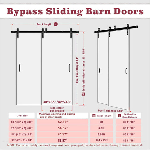 Diagram of 84 Inch By 84 Inch Sliding Bypass Barn Door Set With Six Point Nine Eight Foot Silver Hardware Kit, panel sizes shown.