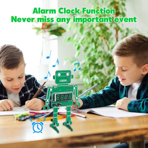 Children working on Alarm Clock Soldering Practice Kit For Students And Makers Build Your Own 4 Digit Robot Digital Clock With Temperature Display And STEM Circuit Board Project For Classroom Or Desk on desk