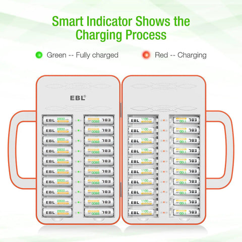Front view of EBL 40 Slot Battery Charger For AA And AAA Rechargeable Batteries NiMH NiCd, displaying smart charge indicators.