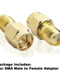SMA Male To SMA Female FPV Antenna Adapter 2 Pack Coaxial Cable Connector, gold-plated, low loss 50 Ohm, close-up view.