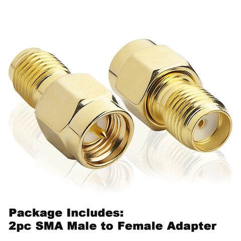 SMA Male To SMA Female FPV Antenna Adapter 2 Pack Coaxial Cable Connector, gold-plated, low loss 50 Ohm, close-up view.