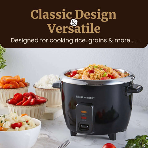 Black 6-Cup Electric Rice Cooker with Stainless Steel Inner Pot for Fluffy Rice, Soups, Stews, Porridges, Easy Cooking, Keeps Warm
