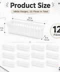12 Piece Desk Pencil Holder Set, White Pen Tray Organizer For Kids And Students, 10x3x2.4 inch trays displayed with size details