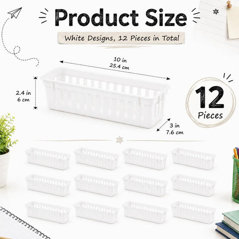 12 Piece Desk Pencil Holder Set, White Pen Tray Organizer For Kids And Students, 10x3x2.4 inch trays displayed with size details