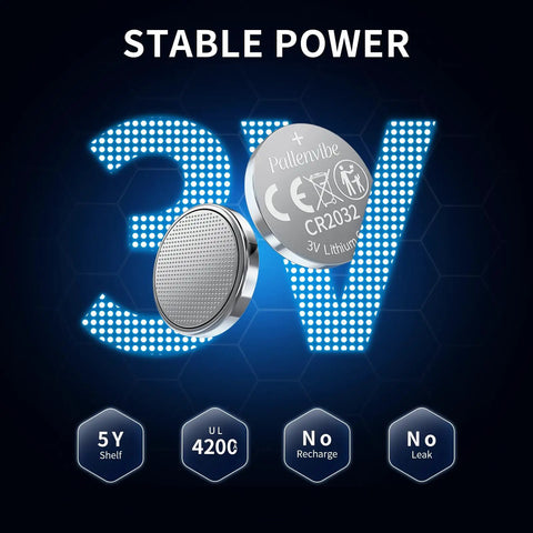 Heavy Duty 24 Pack CR2032 Batteries 3V Lithium Coin Cells With Child Resistant Sealed Wrap For AirTag Key Fobs And Office Remotes Sweet No Sweat Long Life Power, displaying CR2032 battery with stable power.