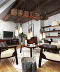 Rustic Farmhouse Chandelier For Dining Room Industrial Pendant Light With Six E26 Bulb Sockets hanging in a cozy living room