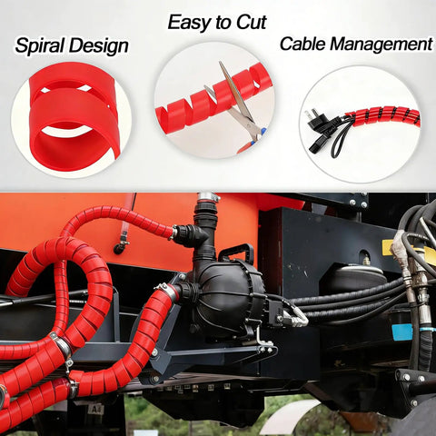 Heavy Duty Spiral Hose Wrap Protector Cover For Hydraulic Lines Half Inch Hdpe Cable Guard Sleeve Oil Heat Uv Abrasion Resistant Shield Twenty Five Foot Red Armor on machinery with cable management.