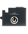 Close-up of Pow-R Bar Link AC PowerCON Surge Protector rear view showing PowerCON output and specifications label on metal casing.