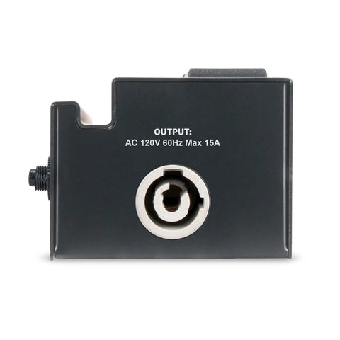 Close-up of Pow-R Bar Link AC PowerCON Surge Protector rear view showing PowerCON output and specifications label on metal casing.