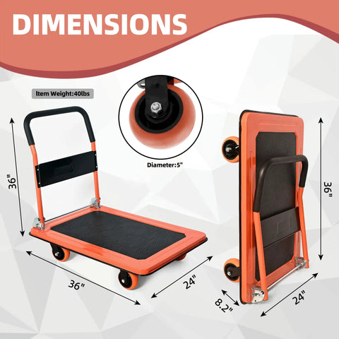 Heavy Duty Platform Cart 1100 Lb Capacity With 5 Inch 360 Degree Swivel Wheels dimensions showing 36x24 inch size