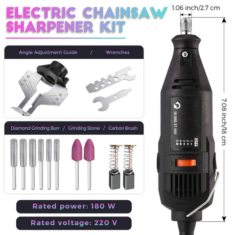Powerful Chainsaw Sharpener Kit With 180W Motor And 5 Speed Settings 8000 To 35000 RPM Includes 6 Diamond Wheels Angle Guide Wrench And Storage Case For Quick Outdoor Garden Tool Sharpening