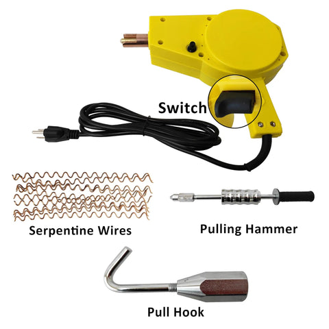 Portable Auto Body Dent Repair Kit With 110V Stud Welder For Thin Metal Panels including serpentine wires, pull hook, and hammer