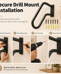 Installation steps for Rock Solid Heavy Duty Wall Mount Handrail for Outdoor Steps U Shaped Safety Railing in black.